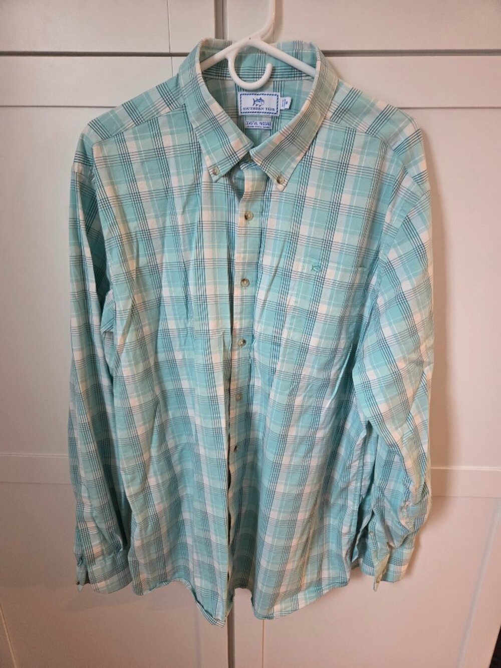 Southern Tide Shirt Mens Plaid Teal, White Coastal Passage